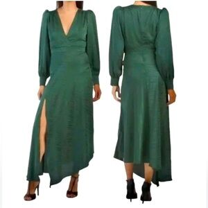 RONNY KOBO Estelle Long Sleeve Asymmetric Midi Dress in Forest Green Sz S